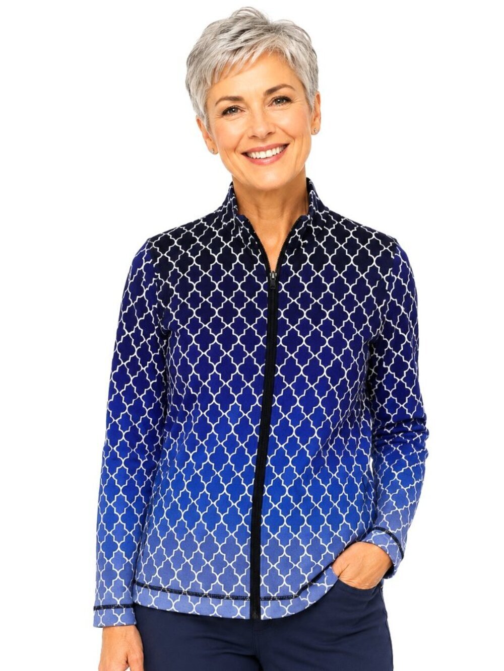 T by Talbots Blue Trellis Print Full Zip Cotton Cardigan